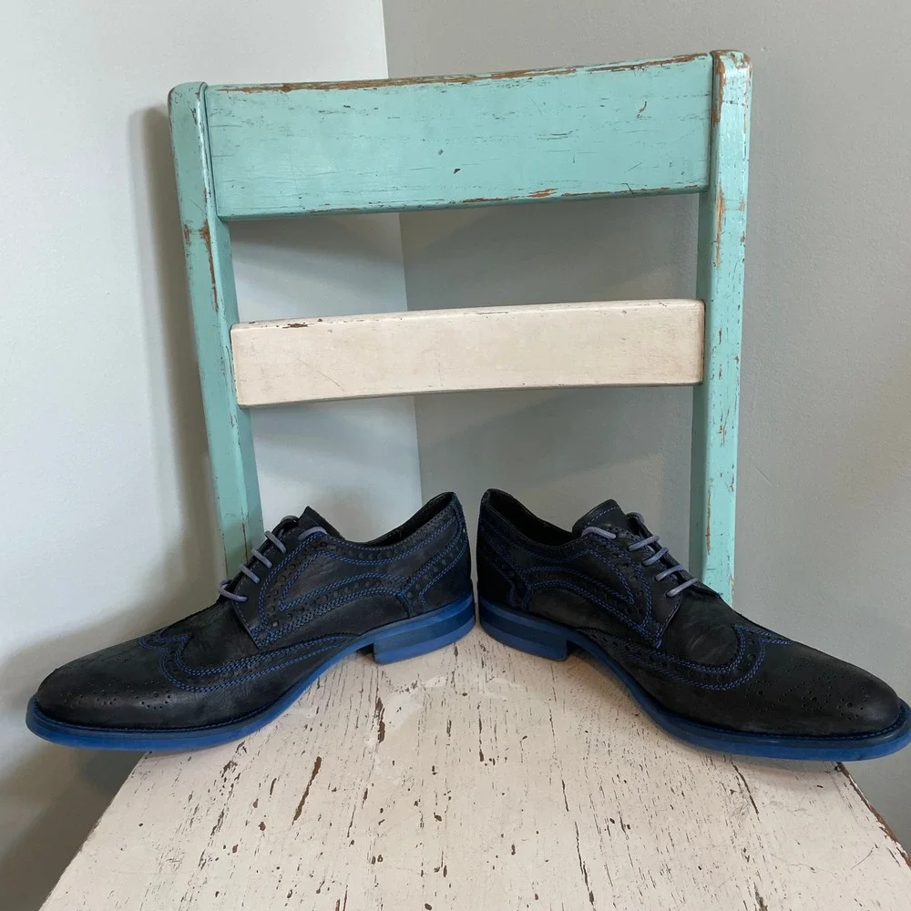 Donald J Pliner Men Black Blue Wingtip Oxford Shoes EMERI 11.5 M Made in Italy